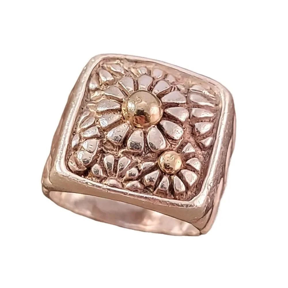 Sterling & 14k Flower Motif Signet Style Ring